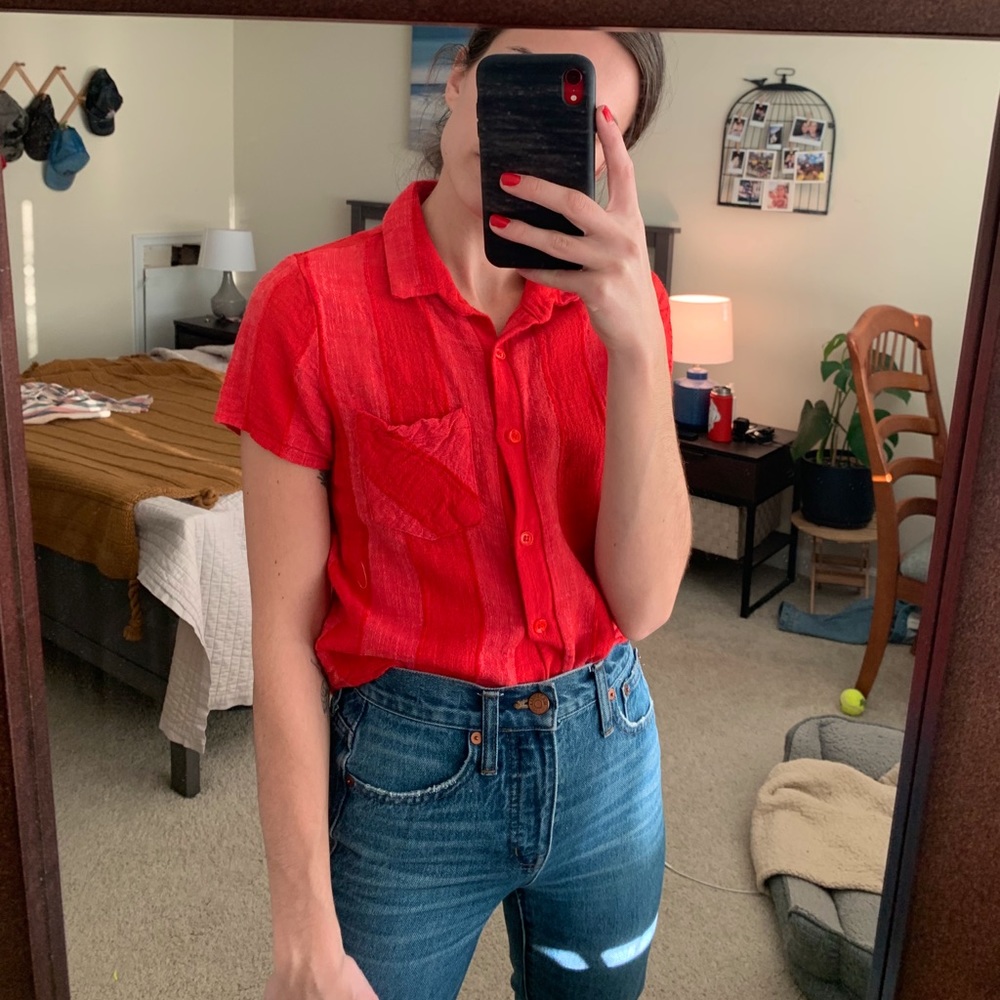 Red linen button down